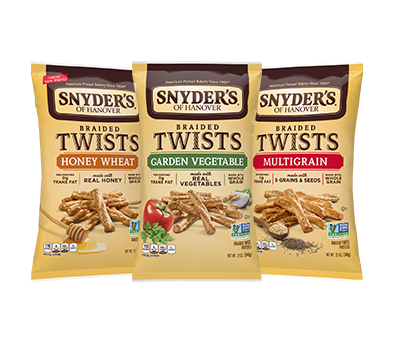 Snyder's of Hanover Braided Twists Honey Wheat, Garden Vegetable, and Multigrain Packages